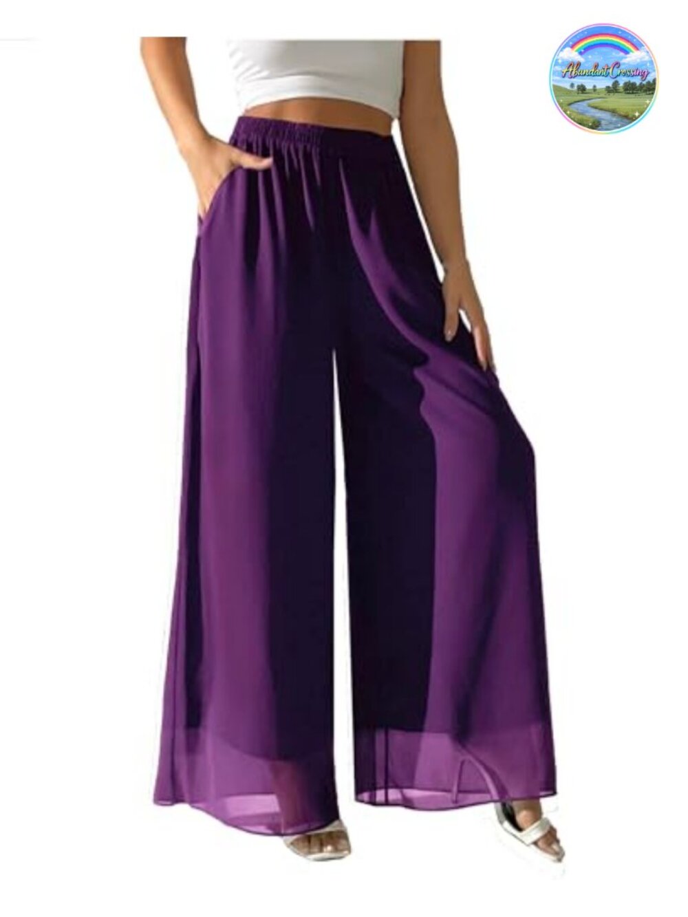 Flowy Chiffon Wide Leg Palazzo Pants Elastic High Waist with Pockets